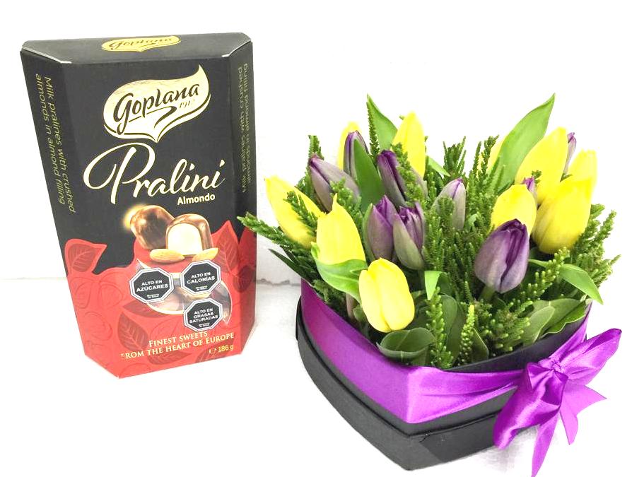 Caja Corazn de 20 Tulipanes y Bombones Goplana Praline Crema Almendra 186g